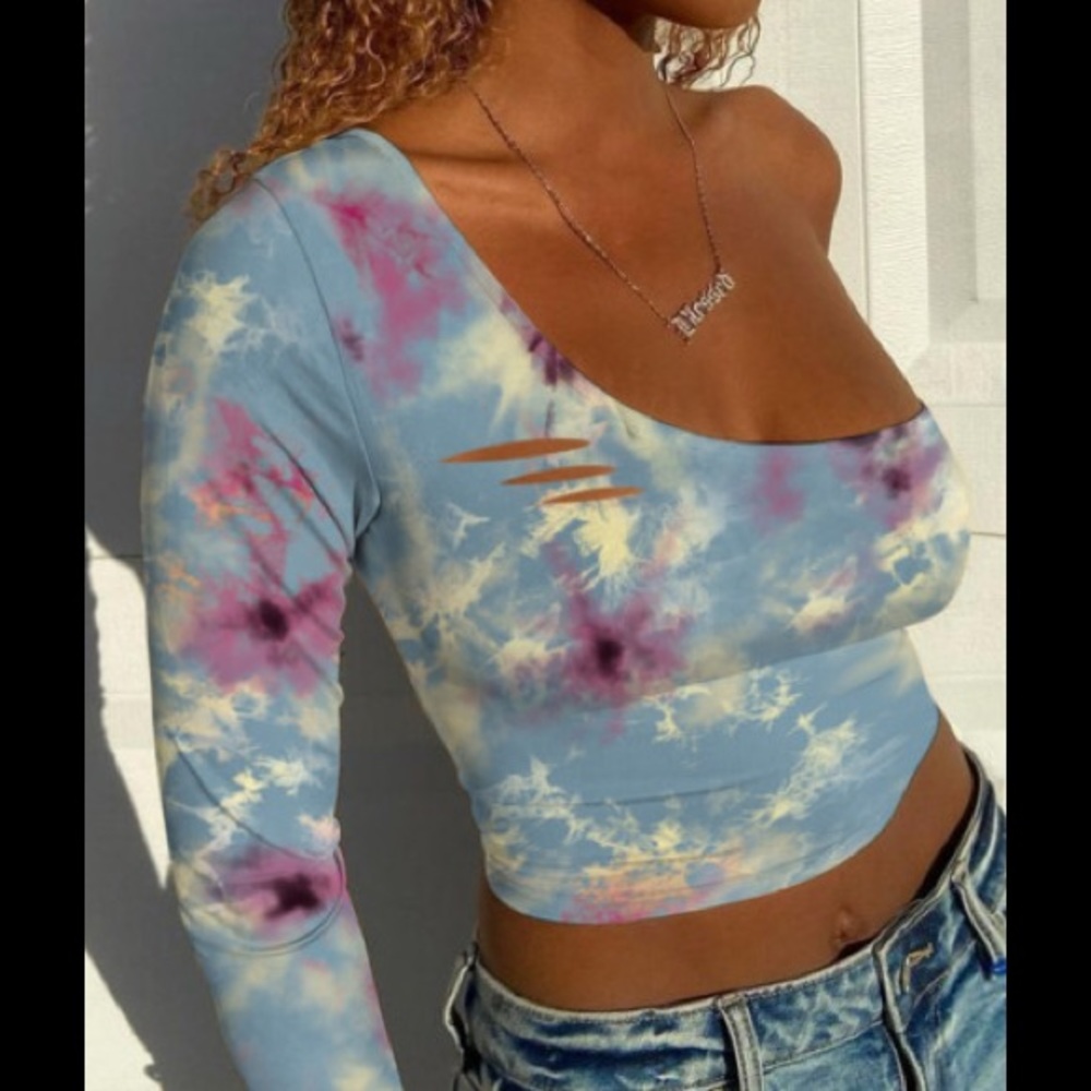 💋Off- One Shoulder Blue Tie-dye Ripped Design Asymmetrical Crop Top